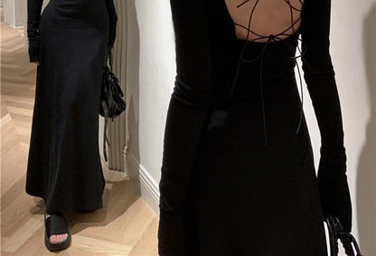 Long-Sleeve Round Neck Plain Open Back Maxi A-Line Dress