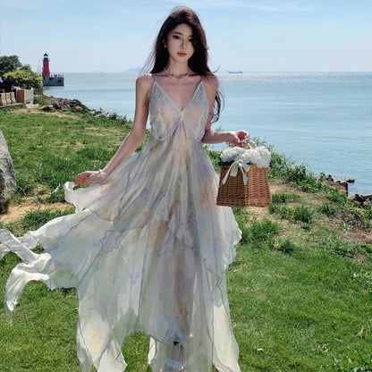 Spaghetti Strap Floral Asymmetrical Lace Panel Midi A-Line Sundress