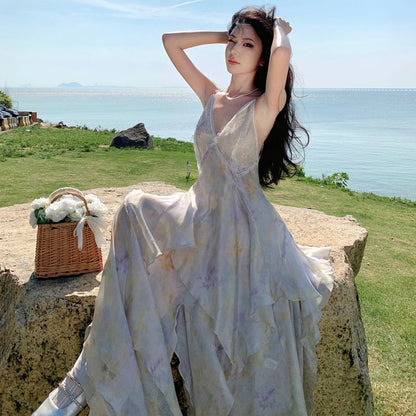 Spaghetti Strap Floral Asymmetrical Lace Panel Midi A-Line Sundress