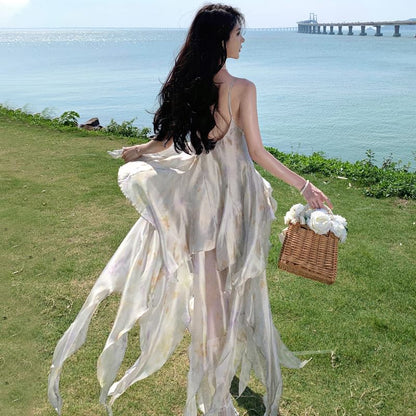 Spaghetti Strap Floral Asymmetrical Lace Panel Midi A-Line Sundress