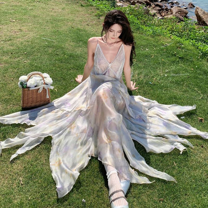 Spaghetti Strap Floral Asymmetrical Lace Panel Midi A-Line Sundress