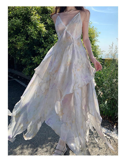 Spaghetti Strap Floral Asymmetrical Lace Panel Midi A-Line Sundress