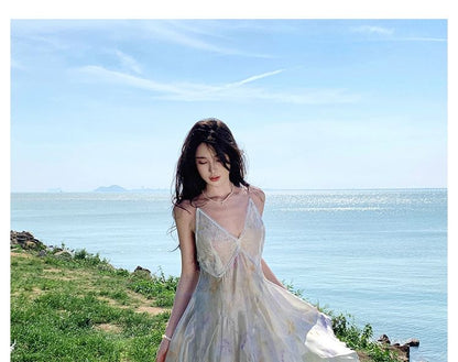 Spaghetti Strap Floral Asymmetrical Lace Panel Midi A-Line Sundress