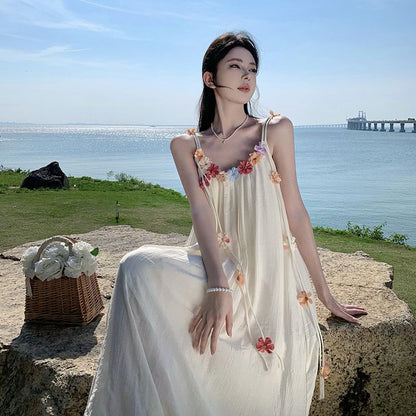 Spaghetti Strap Flower Accent Midi A-Line Dress