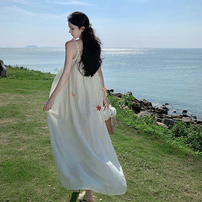 Spaghetti Strap Flower Accent Midi A-Line Dress