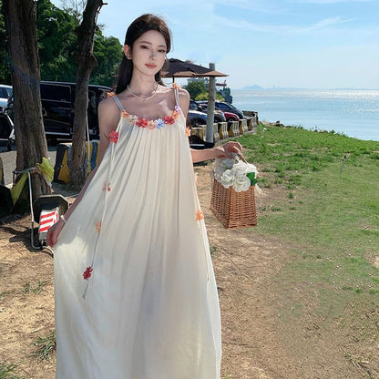 Spaghetti Strap Flower Accent Midi A-Line Dress