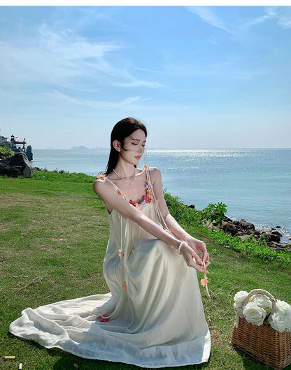 Spaghetti Strap Flower Accent Midi A-Line Dress