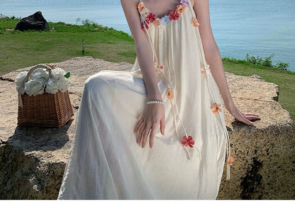 Spaghetti Strap Flower Accent Midi A-Line Dress