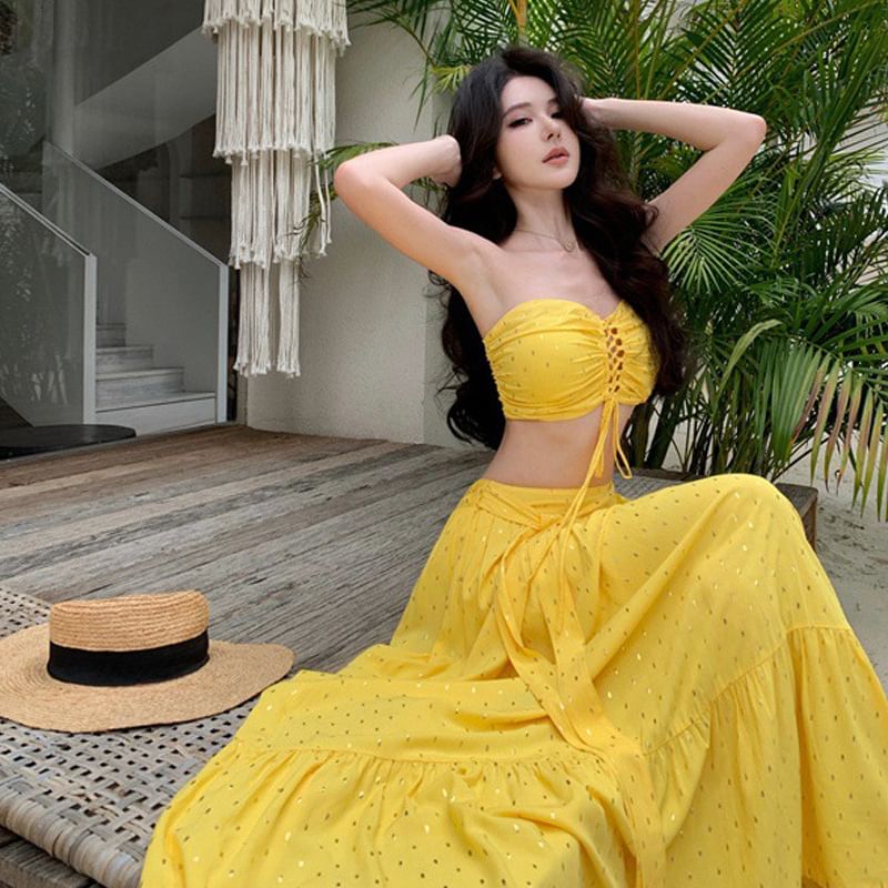 Set: Lace-Up Crop Tube Top + Mid Rise Maxi A-Line Skirt