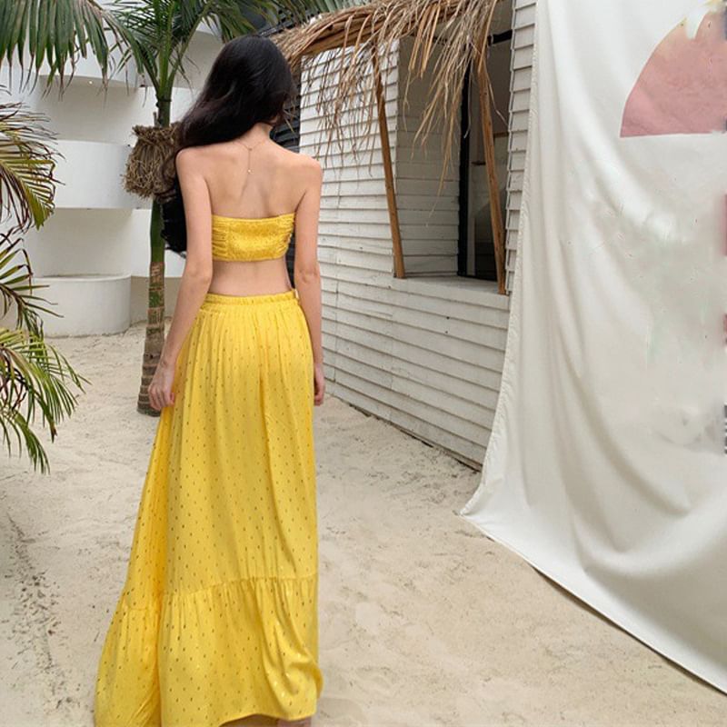 Set: Lace-Up Crop Tube Top + Mid Rise Maxi A-Line Skirt