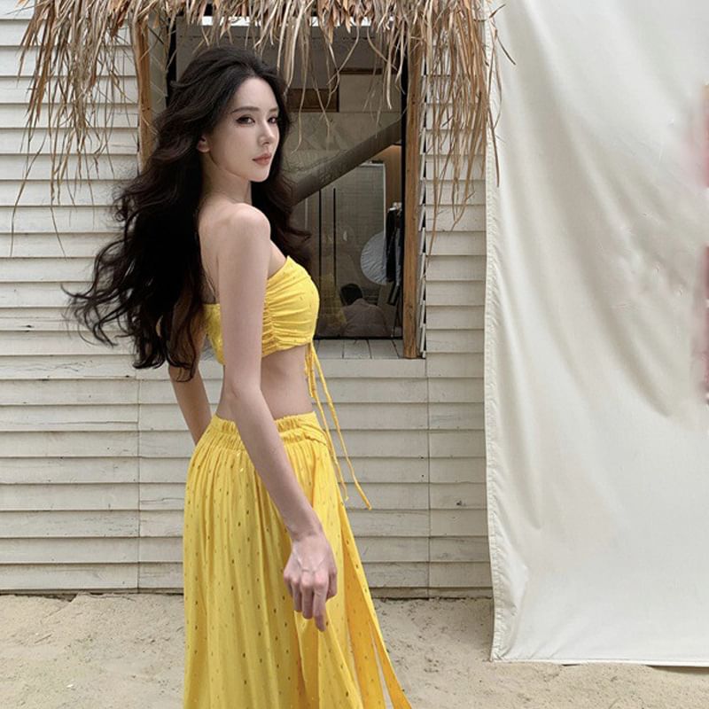 Set: Lace-Up Crop Tube Top + Mid Rise Maxi A-Line Skirt