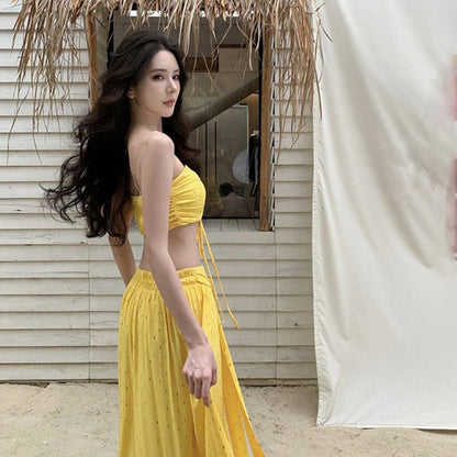 Set: Lace-Up Crop Tube Top + Mid Rise Maxi A-Line Skirt