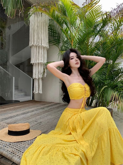 Set: Lace-Up Crop Tube Top + Mid Rise Maxi A-Line Skirt