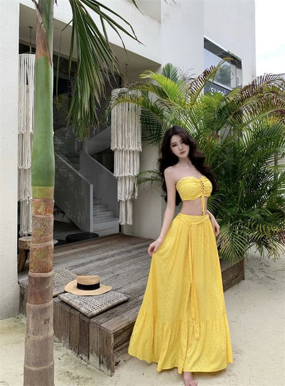 Set: Lace-Up Crop Tube Top + Mid Rise Maxi A-Line Skirt