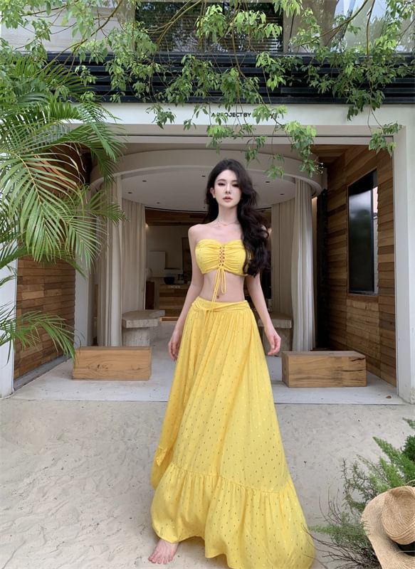 Set: Lace-Up Crop Tube Top + Mid Rise Maxi A-Line Skirt