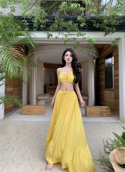 Set: Lace-Up Crop Tube Top + Mid Rise Maxi A-Line Skirt