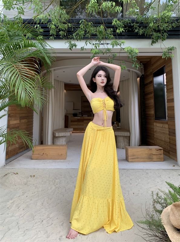 Set: Lace-Up Crop Tube Top + Mid Rise Maxi A-Line Skirt