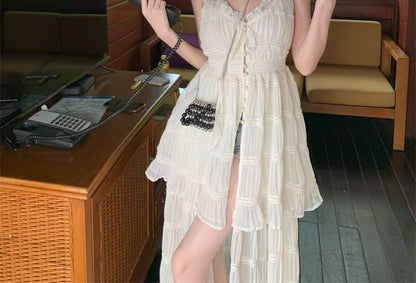 Sleeveless Plain Slit Button Maxi A-Line Dress