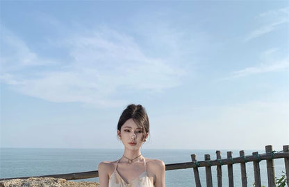 Halter Floral Ruffle Trim Open Back Maxi A-Line Dress