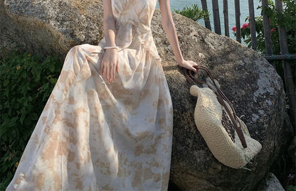 Halter Floral Ruffle Trim Open Back Maxi A-Line Dress