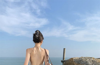 Halter Floral Ruffle Trim Open Back Maxi A-Line Dress