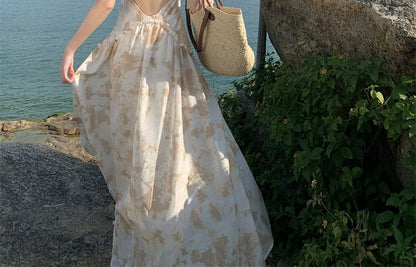 Halter Floral Ruffle Trim Open Back Maxi A-Line Dress