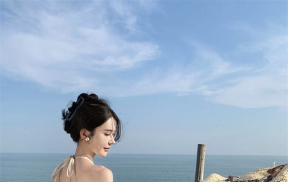 Halter Floral Ruffle Trim Open Back Maxi A-Line Dress