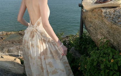 Halter Floral Ruffle Trim Open Back Maxi A-Line Dress