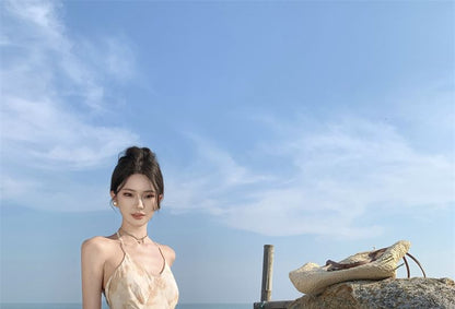 Halter Floral Ruffle Trim Open Back Maxi A-Line Dress