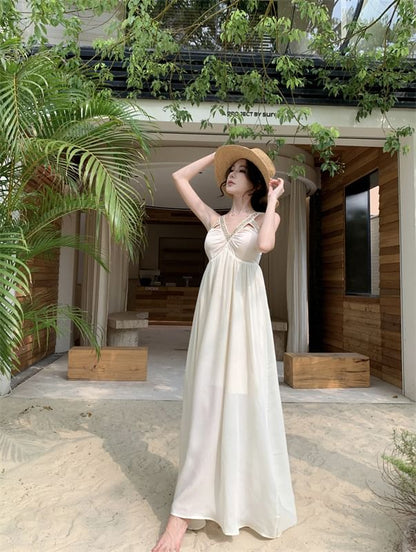 Sleeveless V-Neck Cutout Slit Maxi A-Line Dress