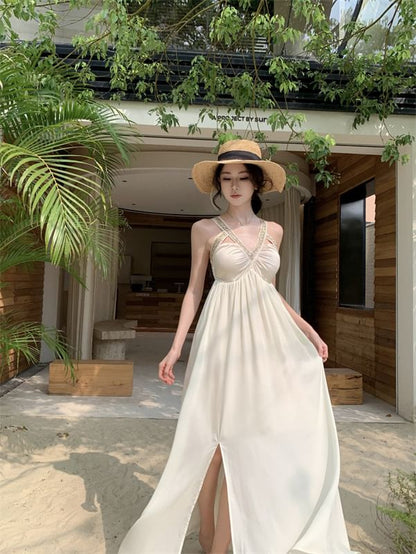 Sleeveless V-Neck Cutout Slit Maxi A-Line Dress