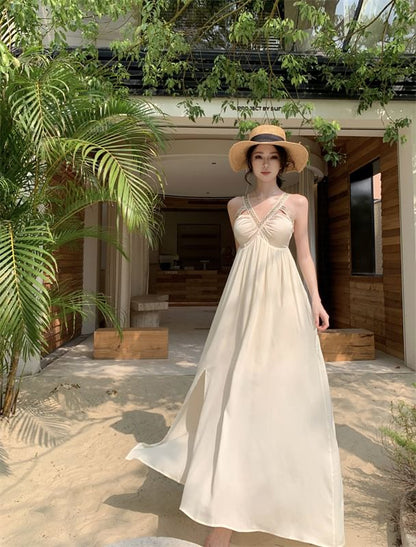 Sleeveless V-Neck Cutout Slit Maxi A-Line Dress