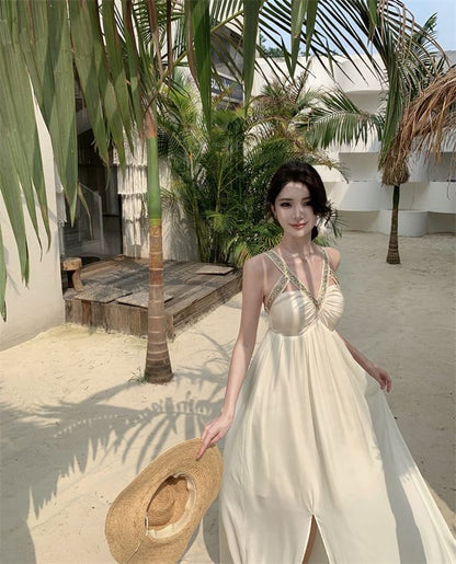 Sleeveless V-Neck Cutout Slit Maxi A-Line Dress