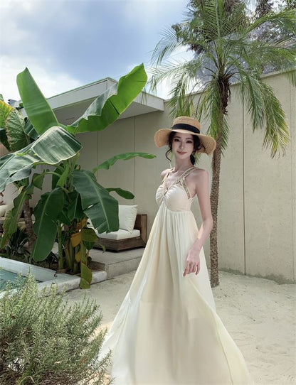 Sleeveless V-Neck Cutout Slit Maxi A-Line Dress