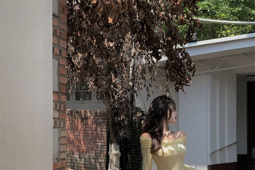 Set: Long-Sleeve Off-Shoulder Plain Crop Slim Fit Tee + High Waist Maxi A-Line Skirt