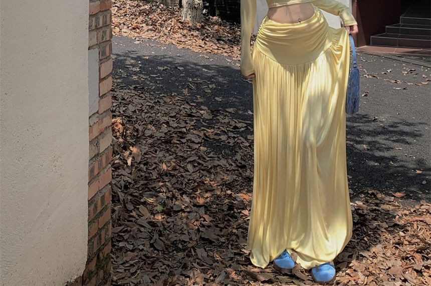 Set: Long-Sleeve Off-Shoulder Plain Crop Slim Fit Tee + High Waist Maxi A-Line Skirt