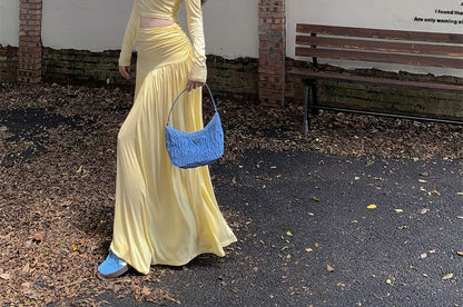 Set: Long-Sleeve Off-Shoulder Plain Crop Slim Fit Tee + High Waist Maxi A-Line Skirt