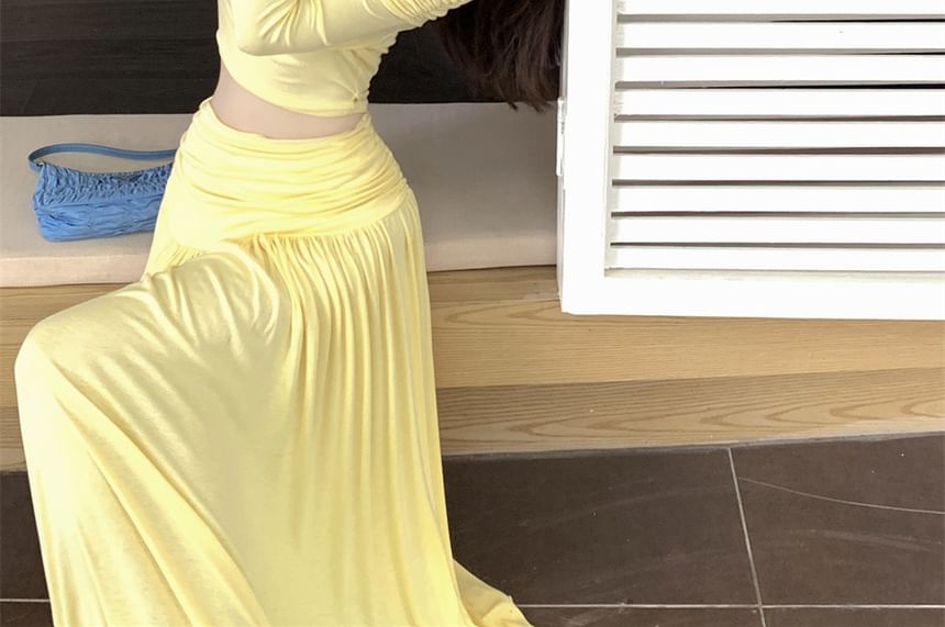 Set: Long-Sleeve Off-Shoulder Plain Crop Slim Fit Tee + High Waist Maxi A-Line Skirt