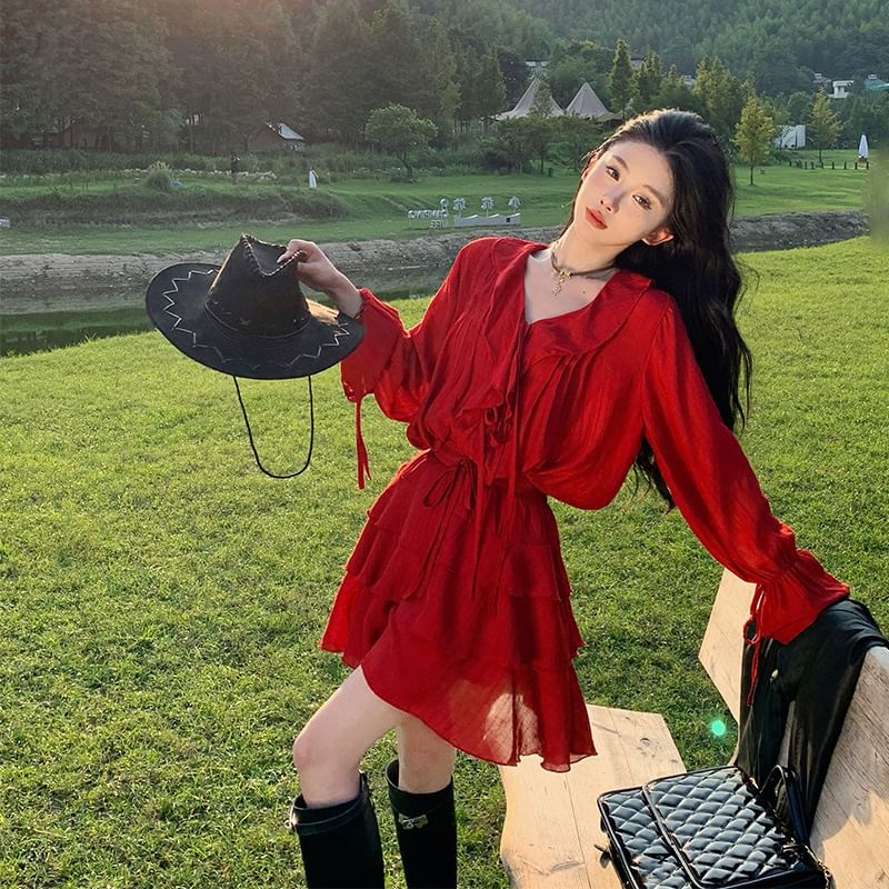 Set: Long-Sleeve V-Neck Plain Blouse + Tiered Mini A-Line Skirt