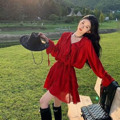 Set: Long-Sleeve V-Neck Plain Blouse + Tiered Mini A-Line Skirt