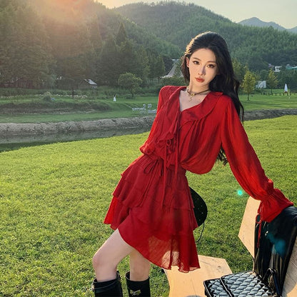 Set: Long-Sleeve V-Neck Plain Blouse + Tiered Mini A-Line Skirt