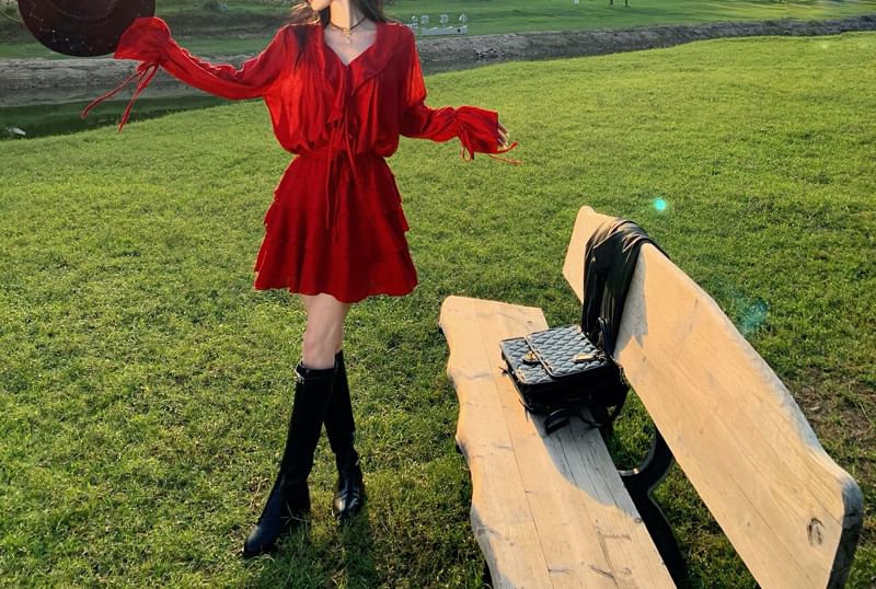 Set: Long-Sleeve V-Neck Plain Blouse + Tiered Mini A-Line Skirt