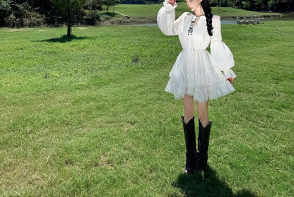 Long-Sleeve Plain Lace Trim Tiered Mini A-Line Dress