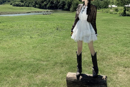 Long-Sleeve Plain Lace Trim Tiered Mini A-Line Dress