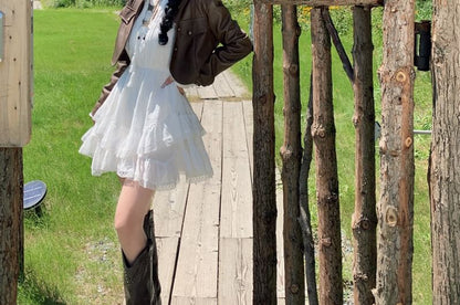 Long-Sleeve Plain Lace Trim Tiered Mini A-Line Dress