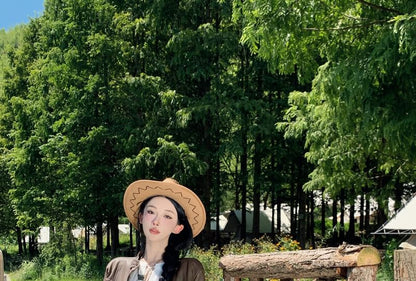 Long-Sleeve Plain Lace Trim Tiered Mini A-Line Dress