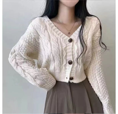 Cropped Cable-Knit V-Neck Cardigan