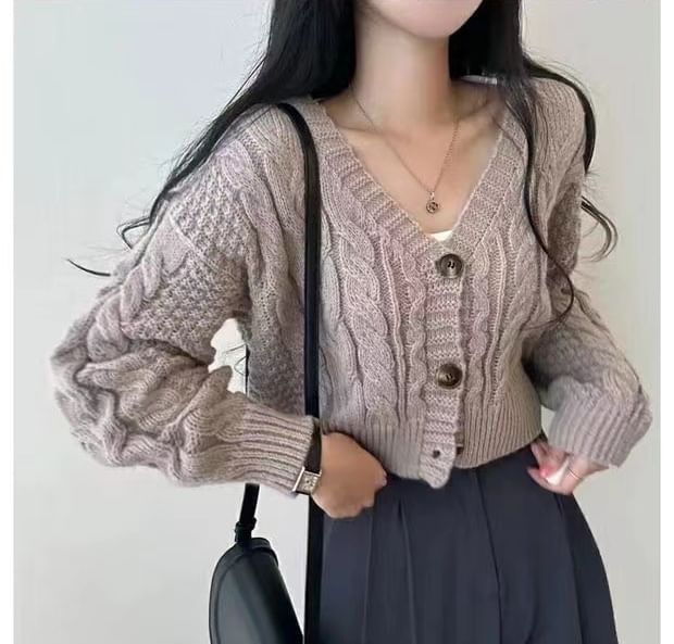 Cropped Cable-Knit V-Neck Cardigan