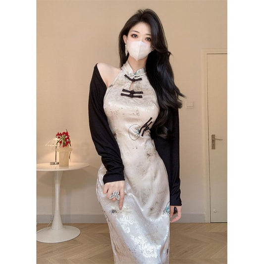 Sleeveless Keyhole Floral Print Maxi Qipao / Plain Shrug / Set