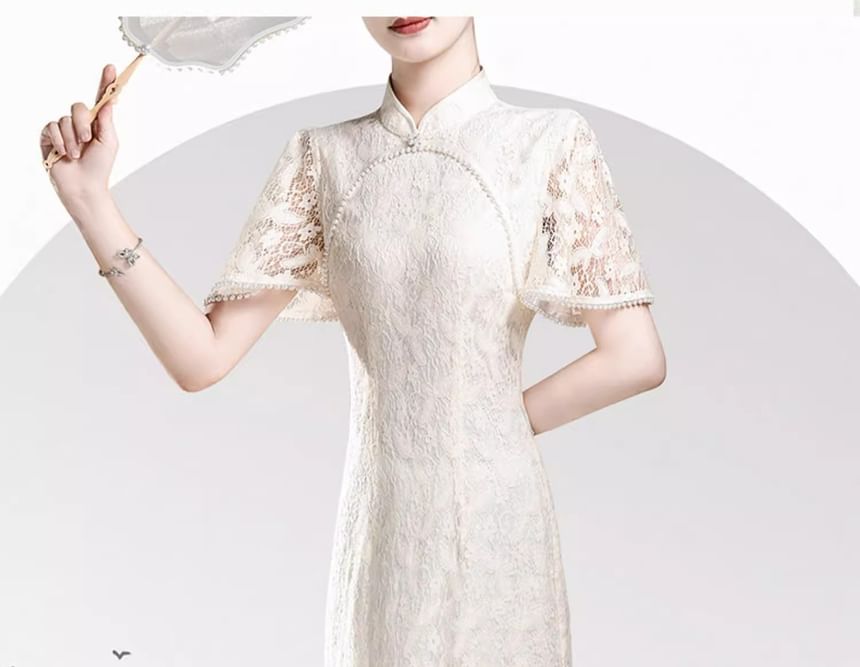 Short Sleeve Mandarin Collar Lace Midi Sheath Dress